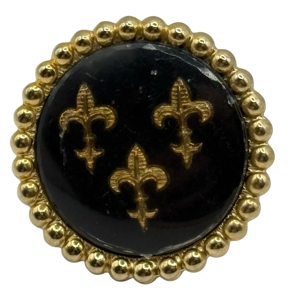 Fleur De Lis Cufflinks Vintage Black Enamel Round Ball‎ Metal Edges Gold Tone